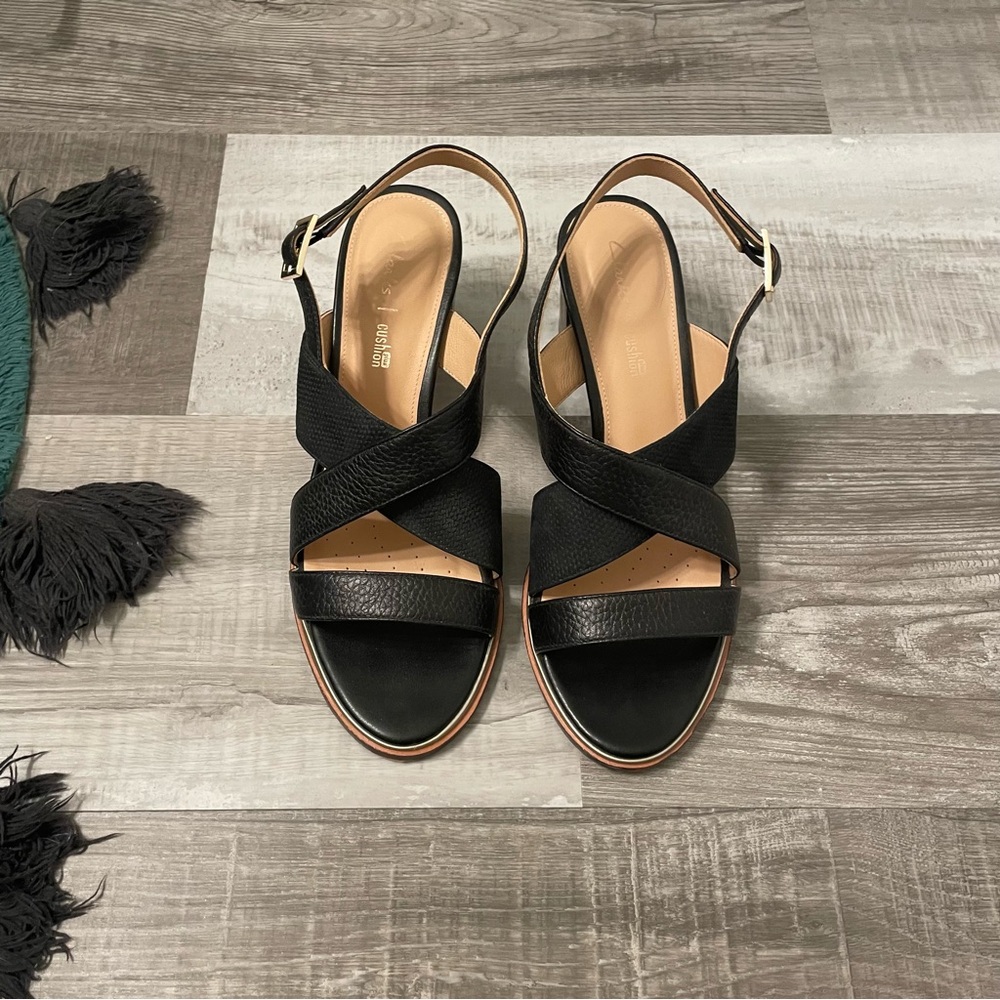 Clarks Ellis Tilda Black Leather Heeled Sandal Size 8 Comfort Plus Cushion